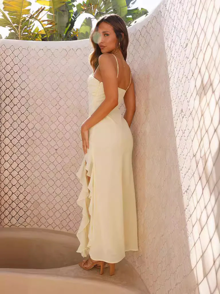 Yellow Strappy Side Slit Frilly Dress - Image 2