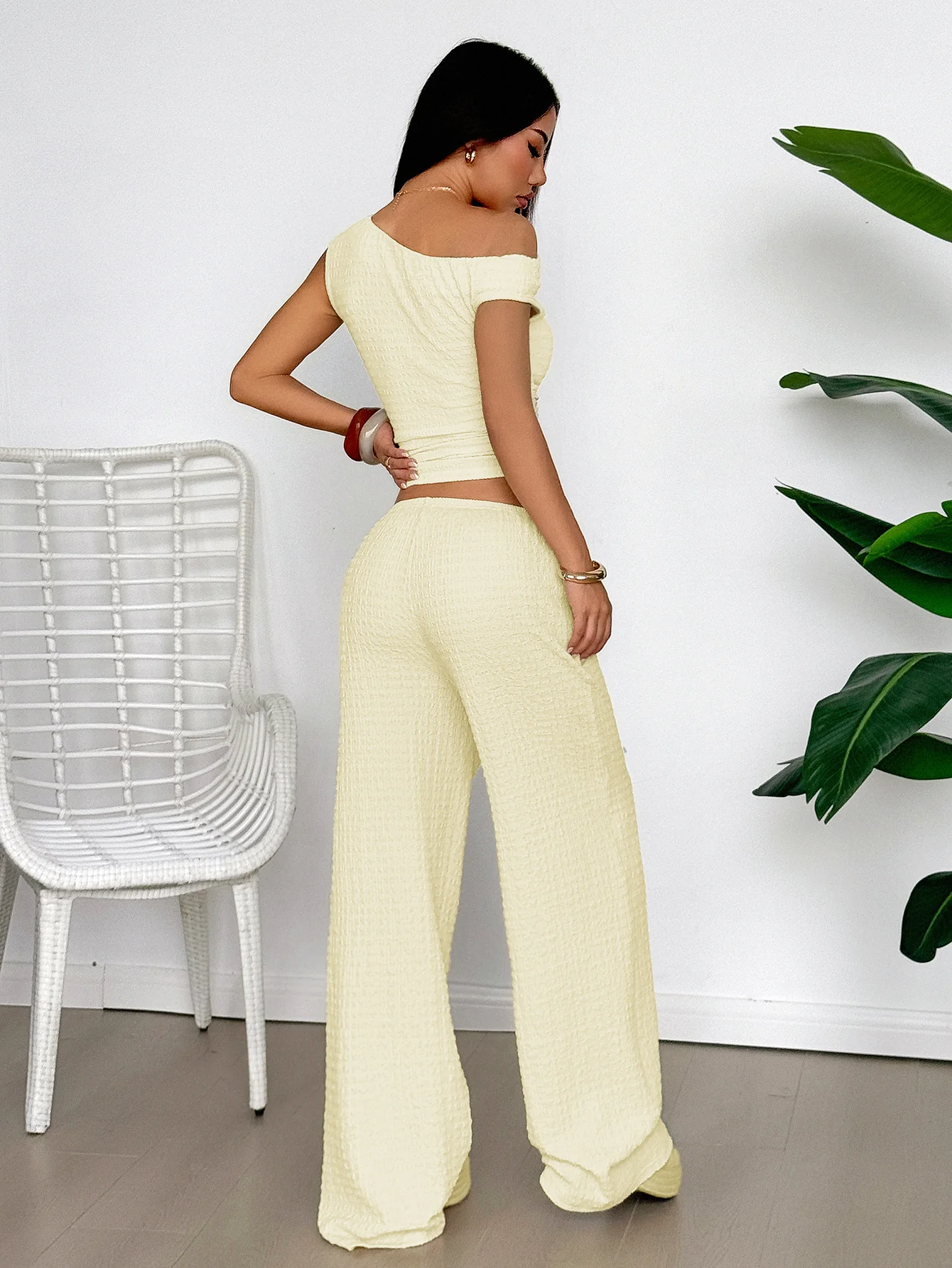 Yellow Textured Top And Pants Co-Ord Set - Image 2
