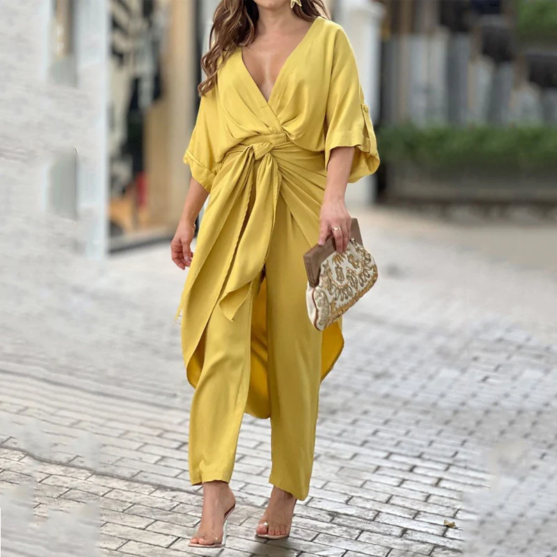 Yellow V Neck Waist Tie Up Dress